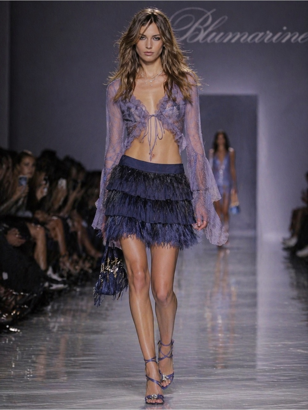 BLUMARINE Designer Navy Silk & Ostrich Feather Tiered Skirt sz IT 44/ US 6